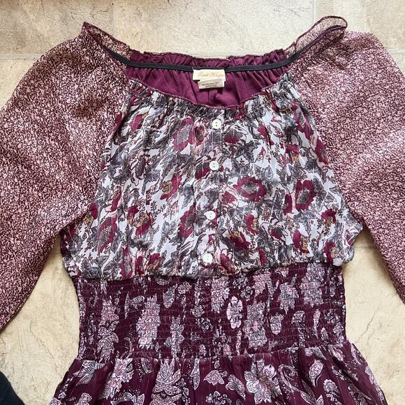 Womens Maxi Dress Burgundy Mixed Pattern Smocked Whimsigoth Ren Faire Whimsical - Picture 2 of 10